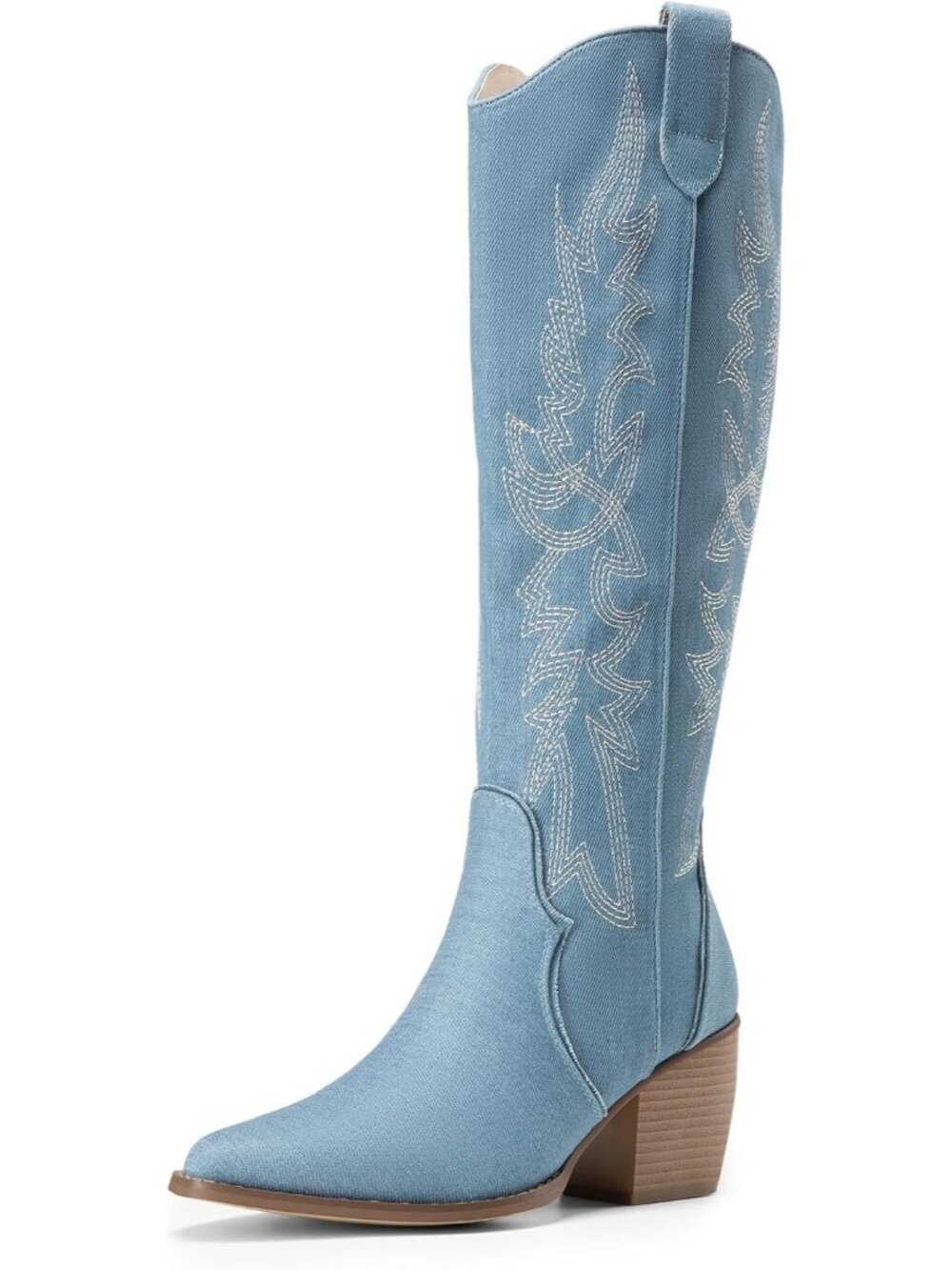 Women's Denim Blue Wide Calf Pull On Zipper Chunky Heel Western Knee High Boot